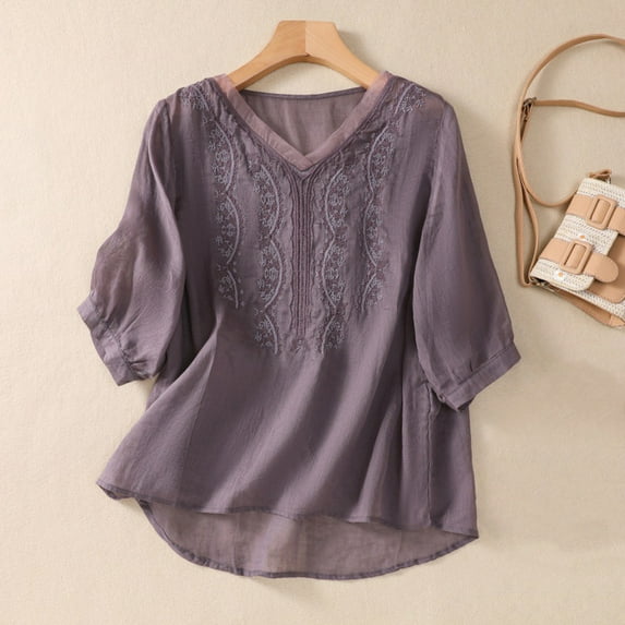 Alkepwun Women's Embroidery Linen Shirts 3/4 Sleeve Babydoll Tops Boho Clothes Summer Casual V Neck Blouses