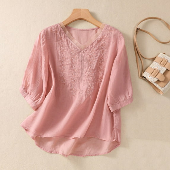Alkepwun Women's Embroidery Linen Shirts 3/4 Sleeve Babydoll Tops Boho Clothes Summer Casual V Neck Blouses