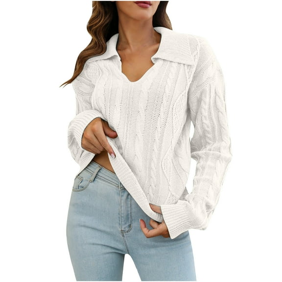 Alkepwun Women's Fall Lapel Collar V Neck Pullover Sweater Long Sleeve Chunky Cable Knit Comfy Loose Casual Jumper Tops