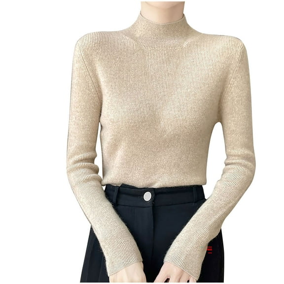 Alkepwun Women's Fall Winter Fashion Casual Semi High Neck Solid Color Loose Base Knitted Round Neck Sweater Top