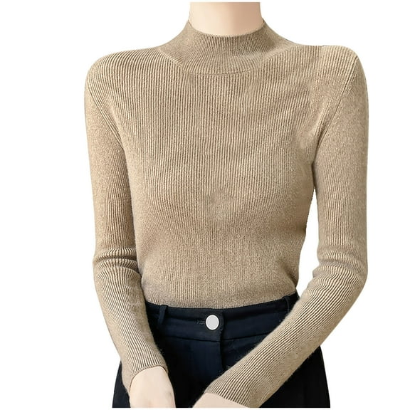 Alkepwun Women's Fall Winter Fashion Casual Semi High Neck Solid Color Loose Base Knitted Round Neck Sweater Top