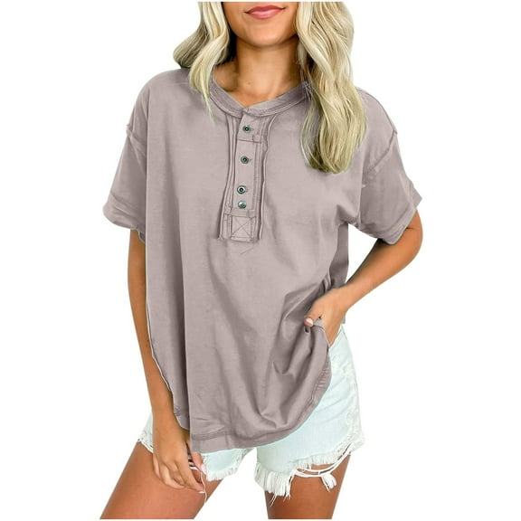 Alkepwun Women's Fashion T Shirts Casual Short Sleeve Sweatshirt Button Henley V Neck Shirt Girls Trendy Summer Tops Tees