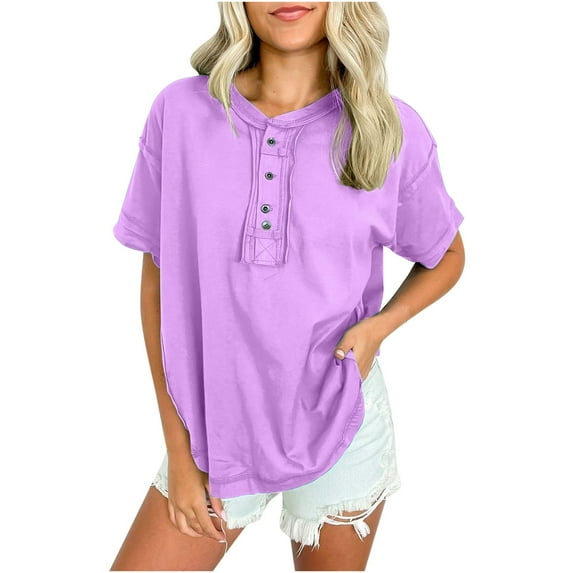 Alkepwun Women's Fashion T Shirts Casual Short Sleeve Sweatshirt Button Henley V Neck Shirt Girls Trendy Summer Tops Tees