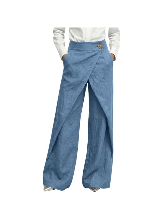 Women's Faux Wrap Overlay Wide Leg Pants Cotton Linen Blend High Waisted Elegant Trousers with Pockets for Office Work and Daily Wear