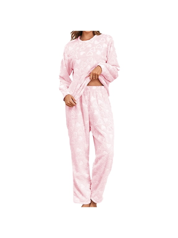 Women's Fuzzy Fleece Pajamas Set Soft Warm Flannel Sleepwear Cute Heart Print Long Sleeve 2 Piece PJ Set Loungewear