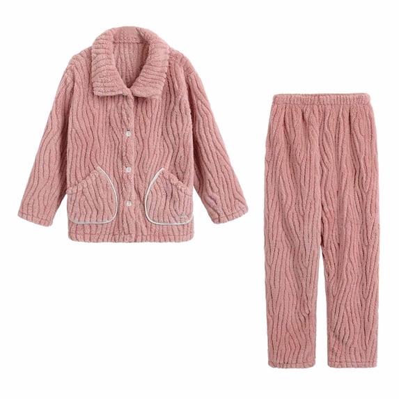 Alkepwun Women's Fuzzy Pajamas Sets 2 Piece Fleece Solid Color Lapel Button Coat with Loose Pockets and Long Pants Loungewear Sleepwear