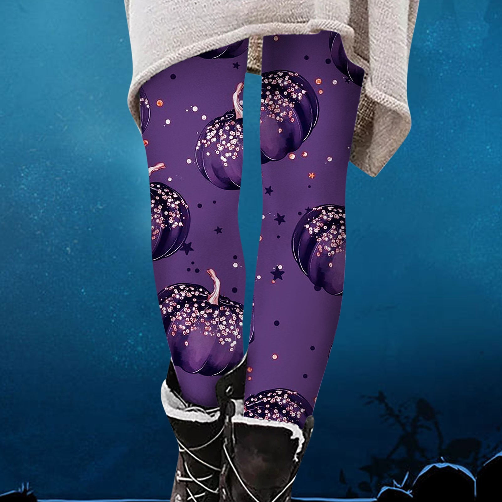 Women's Halloween Print High Waisted Leggings - Pumpkin Ghost Skull Design, Opaque & Stretchy With Deep Pockets - View #3