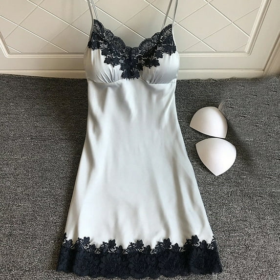 Alkepwun Women's Lace Trim Satin Lingerie Sexy V Neck Sleepwear Padded Sleeveless Nightgown Full Slip Cami Dress Night Shirts Petite Sleepwear