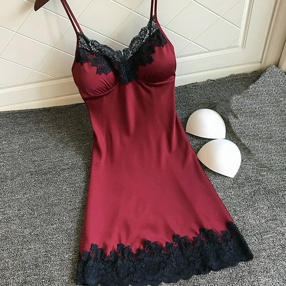 Alkepwun Women's Lace Trim Satin Lingerie Sexy V Neck Sleepwear Padded Sleeveless Nightgown Full Slip Cami Dress Night Shirts Petite Sleepwear