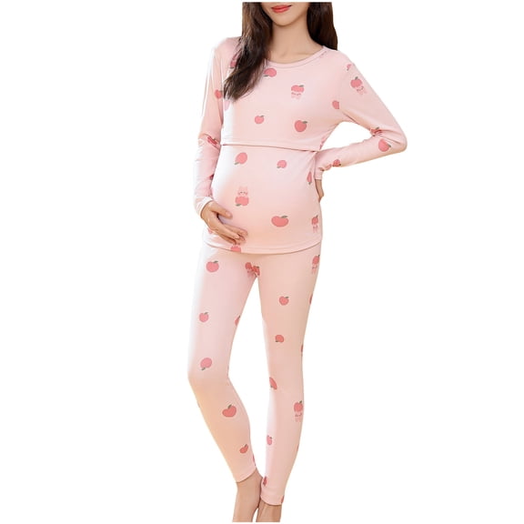 Alkepwun Women's Multi Functional Printed Maternity Wear Moonwear Pajamas Cotton with Chest Pad Adjustable Rope Slim Long Sleeved Round neck Pajamas Set