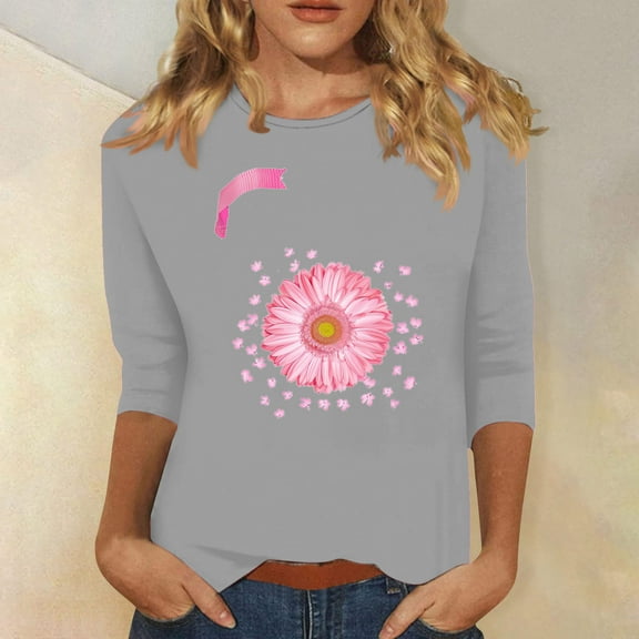 Alkepwun Women's October Pink Shirt Breast Cancer Fighter T-Shirt Sunflower Graphic Tees Casual 3/4 Sleeve Tops