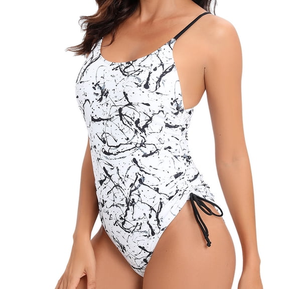 Alkepwun Women's One Piece Swimsuit Adjustable Spaghetti Straps Floral Ruched Lace Up High Cut Romper Swimsuit Cheeky Bathing Suits on Clearance