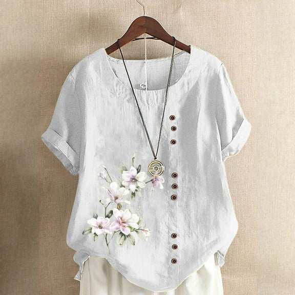 Alkepwun Women's Oversized Cotton Linen Tops Summer Casual Rolled Short Sleeve Shirts Loose Fit Floral Print Button Tunic Blouse