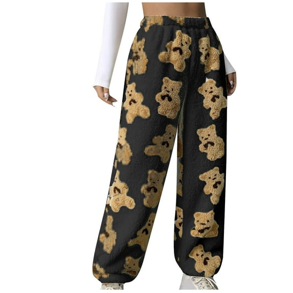 Alkepwun Women's Pajamas Bottom High Waisted Comfy Lounge Pants Bear Print Teddy Flannel Trousers