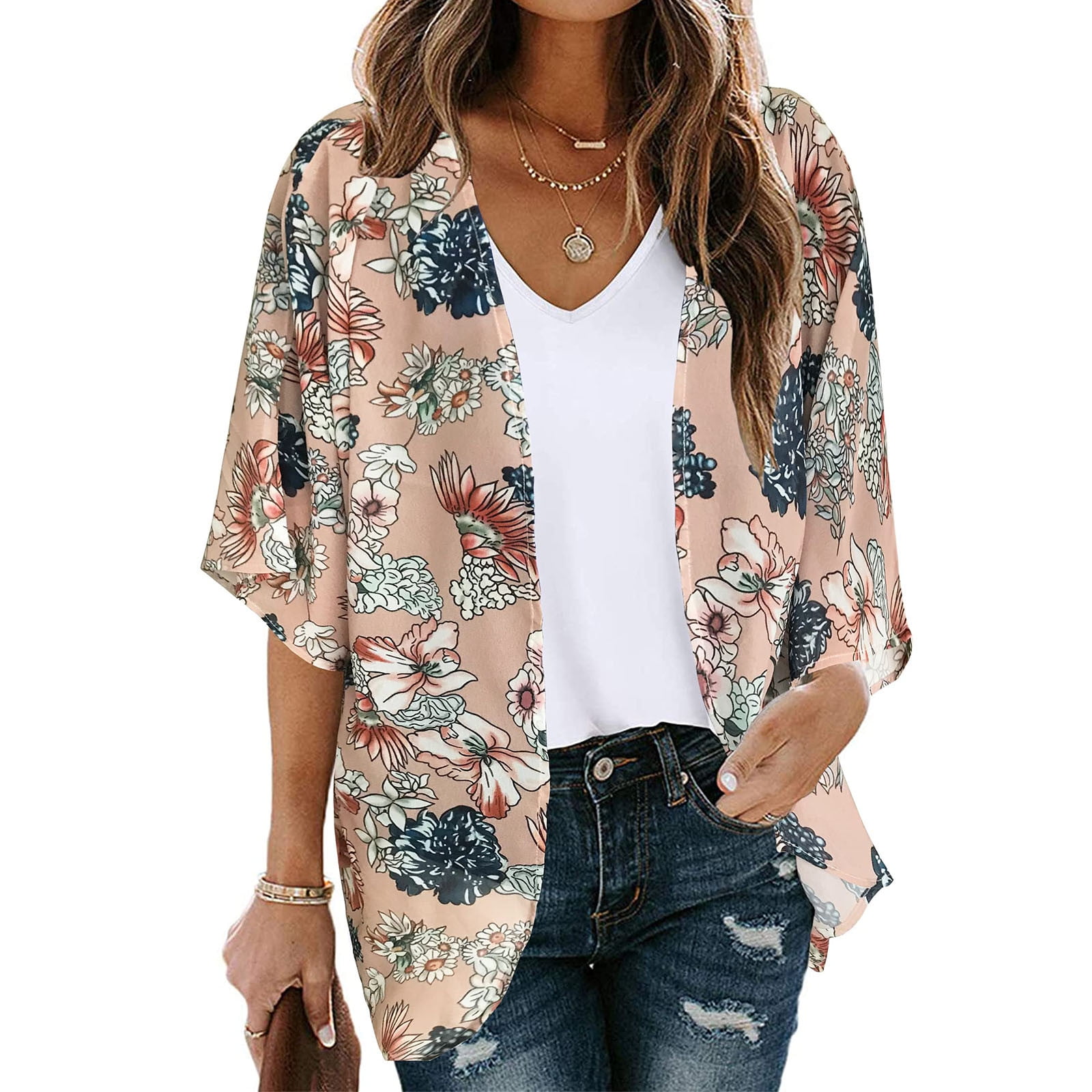 Women's Chiffon Printed Cardigan Kimono - Summer Beach Cover Up | Flowy Bat Sleeve Tops - View #4