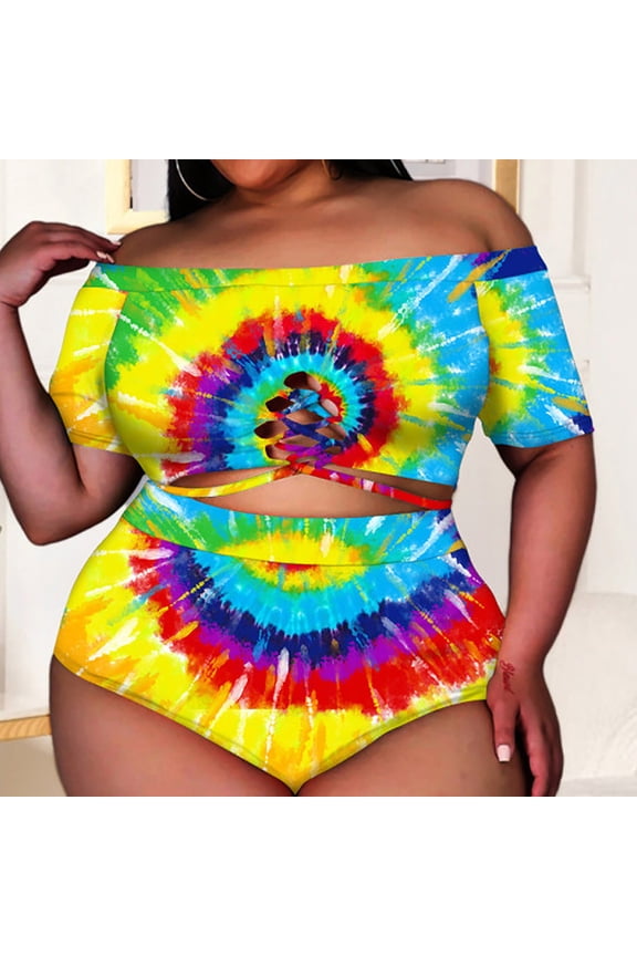 Women's Plus Size Swimsuits Off Shoulder Bathing Suits Two Piece Tankini Sets Floral Swimwear Sexy Criss Cross Swim Crop Top with Bottoms