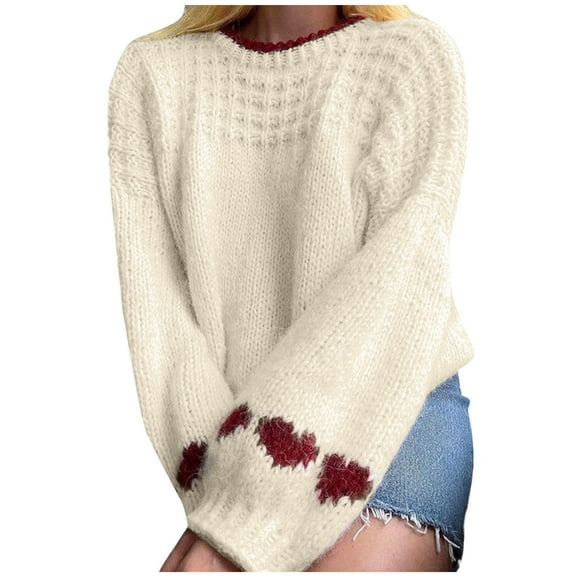 Alkepwun Women's Pullover Sweaters Fall Winter 2025 Crew Neck Lantern Long Sleeve Casual Heart Shaped Valentine's Day Knit Sweater Tops