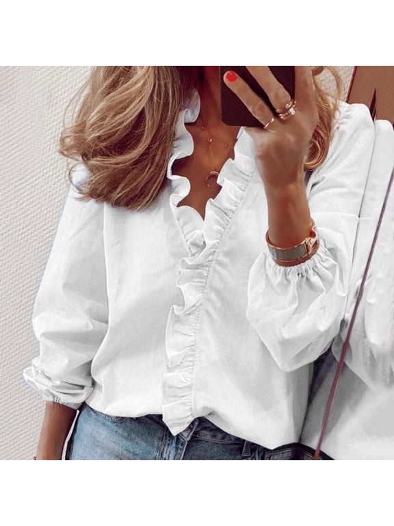 Women's Ruffle Blouse for Business Work Plus Size Cotton Shirts Elegant V Neck Puff Long Sleeve Casual Dressy Top