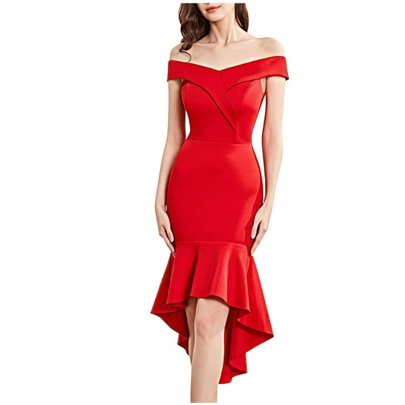 Alkepwun Women's Sexy Off The Shoulder V Neck Slim-Fit Midi Length Evening Gown Ruffle Ruched Asymmetric Hem Party Dress