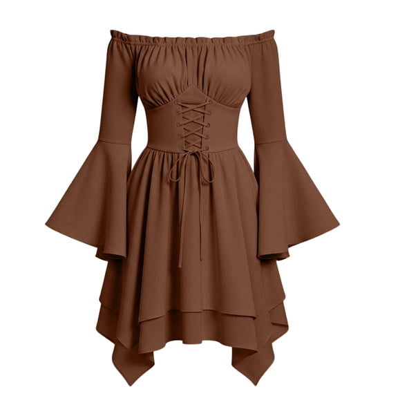 Alkepwun Women's Off Shoulder Dress Flared Ruffled Bell Sleeve Irregular Layered Hem Mini Dress with Peasant Lace-up Corset Waist Renaissance Victorian Costume Dress for Halloween and Ren Fair