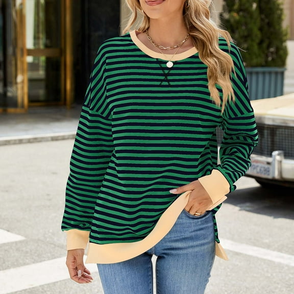 Alkepwun Women's Striped Sweatshirt Color Block Long Sleeve Sweaters Crewneck Hoodies Shirts Blouse Casual Loose Pullover Tops