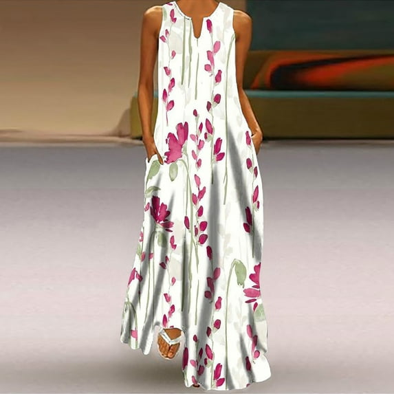 Alkepwun Women's Summer Casual Sleeveless Sun Dress Boho Floral Maxi Dresses Flowy Tank Beach Dress with Pockets