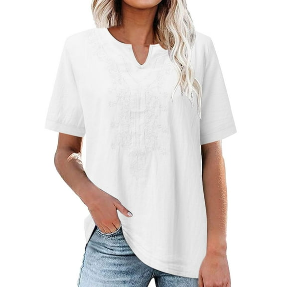 Alkepwun Women's Summer Embroidery Tops Notched V Neck Tunic T-Shirts Casual Short Sleeve T Shirts Loose Fit High Low Tops Cotton Linen Blouse
