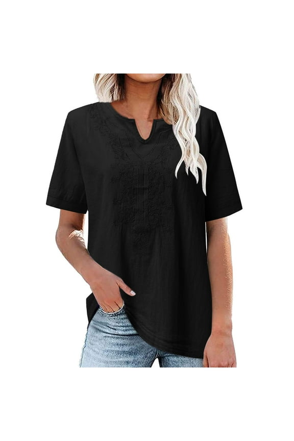 Women's Summer Embroidery Tops Notched V Neck Tunic T-Shirts Casual Short Sleeve T Shirts Loose Fit High Low Tops Cotton Linen Blouse