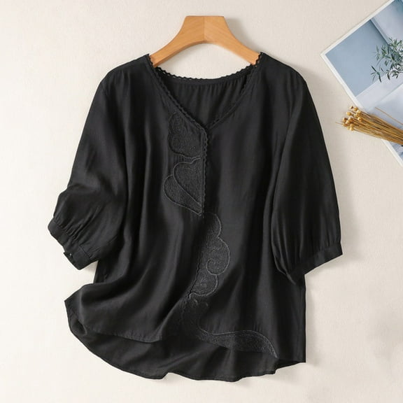 Alkepwun Women's Summer Linen Tops Lightweight Tunic Cotton Shirts Loose Fit Embroidery Blouse Cute V Neck Boho Tops
