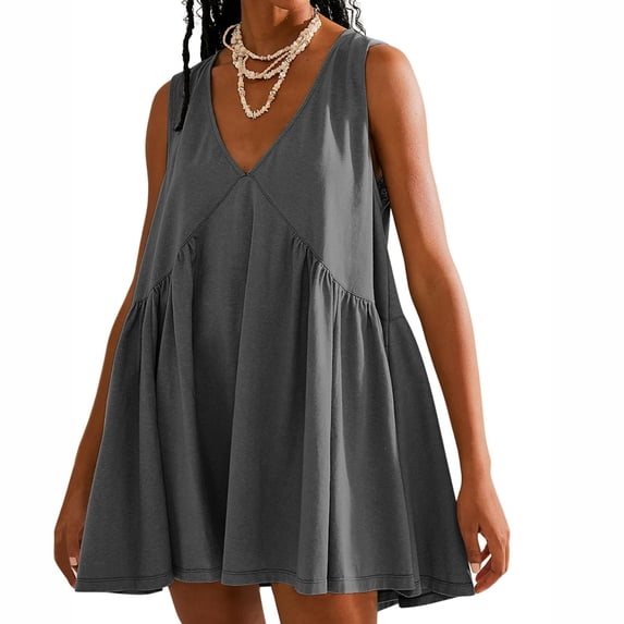 Alkepwun Babydoll Dress dor Women Summer Sleeveless Mini Dress Oversized V Neck Sundress Beach Cover Ups Casual Loose Tiered Flowy Tank Sundresses
