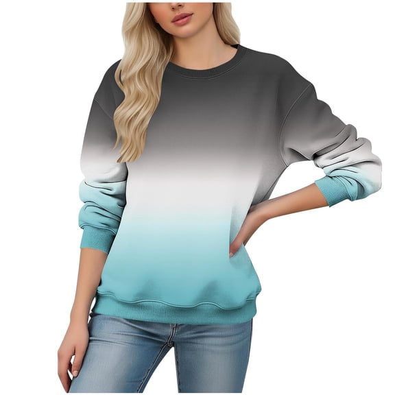 Alkepwun Women's Sweatshirt Gradient Print Crew Neck Drop Shoulder Long Sleeve Hoodless Sweatshirt Loose-Fit Casual Comfort Pullover Top