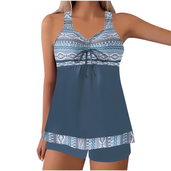Alkepwun Women's Swimsuits Plus Size Two Piece Modest Tankini Bathing Set Drawstring Fold Neck Floral Print Hide Belly Bathing Suits Tummy Control Swim Shorts