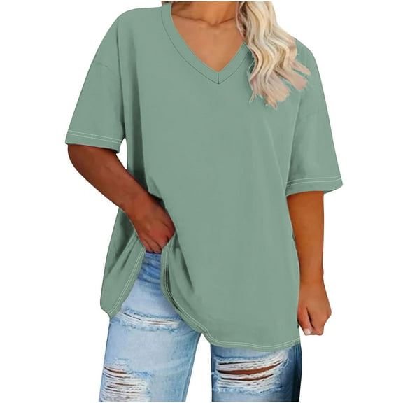 Alkepwun Women's T-Shirts Loose Fit Plus Size Solid Color V-Neck Short Sleeve Tops Lightweight Breathable Soft Comfortable Casual Basic Outfits