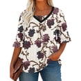 thumbnail image 1 of Alkepwun Women's Tops Casual Floral Print Faux Two-Piece V Neck Front Pleats Bell Sleeve Summer T-Shirt Lightweight Flowing Breathable Plus Size Top, 1 of 6