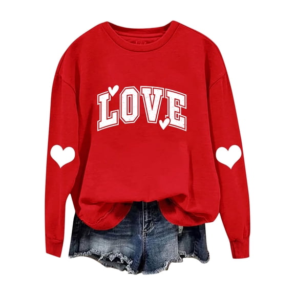 Alkepwun Women's Tops Couple's Style Heart Print Crew Neck Long Sleeve Pullover Top Casual Relaxed Fit Soft Hoodless Comfortable Top