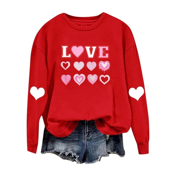 Alkepwun Women's Tops Couple's Style Heart Print Crew Neck Long Sleeve Pullover Top Casual Relaxed Fit Soft Hoodless Comfortable Top
