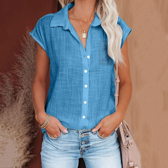 Alkepwun Women's Work Blouses Cap Sleeve Button Down Shirts V Neck Collared Tops Casual Business Plain Summer Linen Shirts