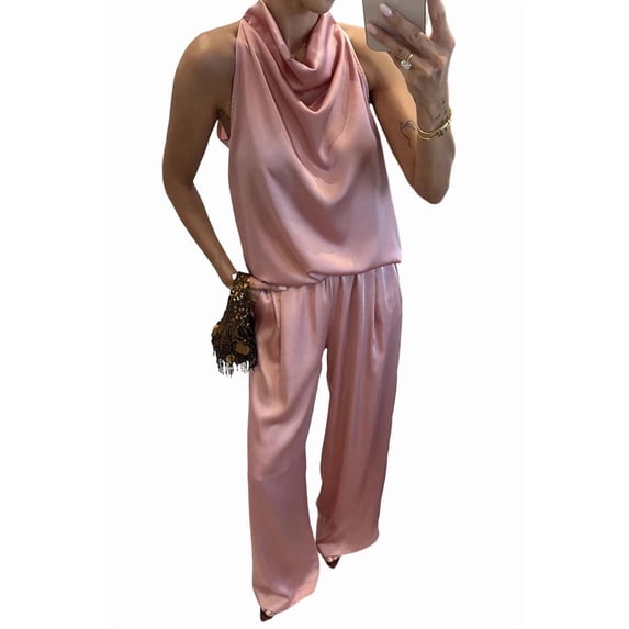 Alkepwun Womens 2 Piece Sets Summer Lightweight Comfy Breathable Suit Satin Sleeveless Dropped-Neck Tank Tops and Elastic Waistband Wide Leg Pants