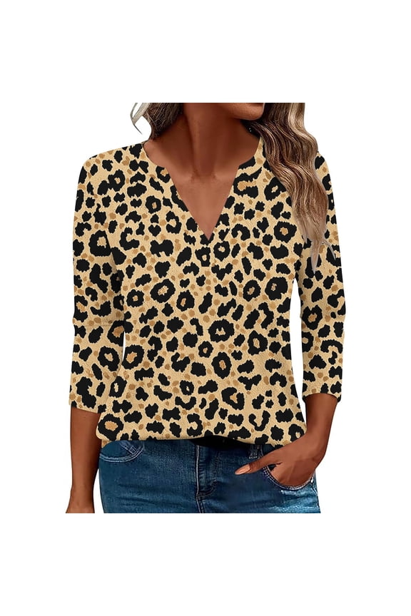 Womens 3/4 Sleeve Tops Summer V-Neck Fashion Leopard Printed Tunic Blouses Dressy Casual Loose Fit Shirt