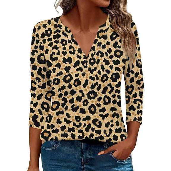 Alkepwun Womens 3/4 Sleeve Tops Summer V-Neck Fashion Leopard Printed Tunic Blouses Dressy Casual Loose Fit Shirt
