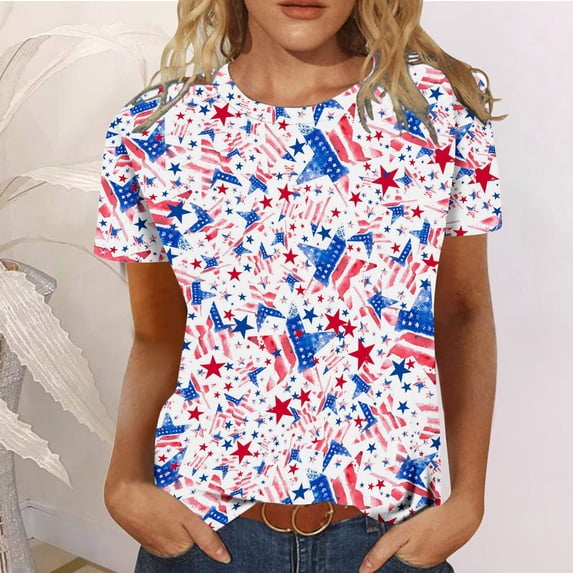 Alkepwun Womens American Flag Shirt Patriotic Summer Tees Star Stripes Tshirt Blouse 4th of July Short Sleeve T-Shirt Tops