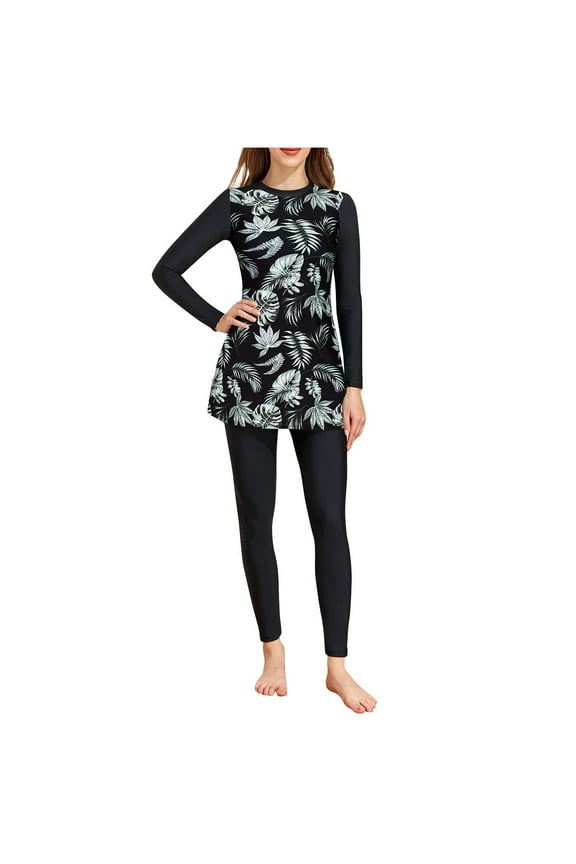 Womens Bathing Suits Separate Swimsuit Two-Piece Cozy Breathable Quick Dry Modest Set Floral Print Crew Neck Long Sleeve Fitted Swimsuit with Elastic Waistband Long Stretch Swim Pants Set