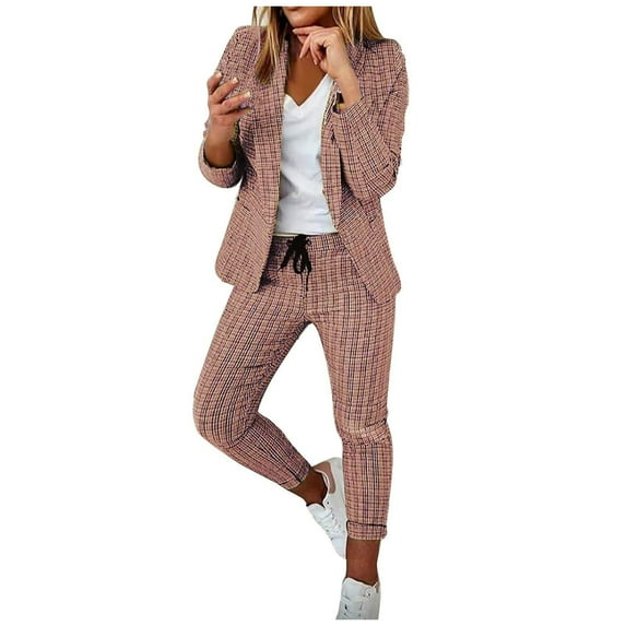 Alkepwun Womens Blazers Casual Checkered Print Slim Fit 2PC Suit Set Long-Sleeve Lapel Jacket with Pockets Elastic Waist Tie-Belt Trousers with Drawstring Cuffs Business Office Formal Wear Sets
