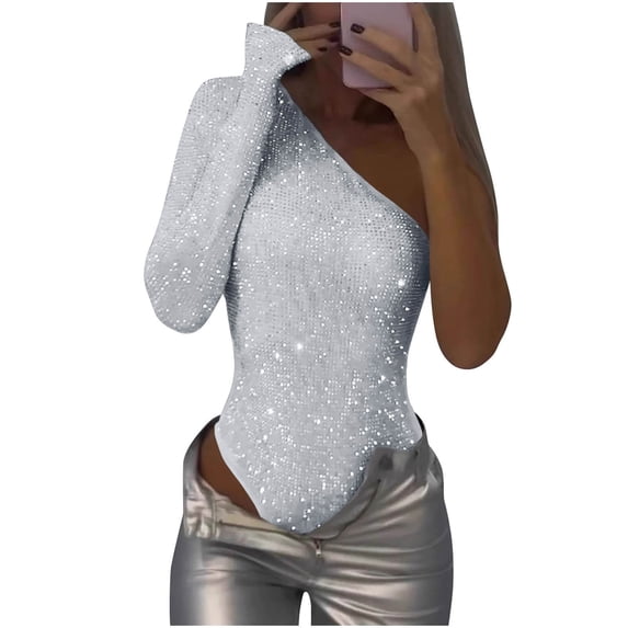 Alkepwun Womens Bodysuits One-Shoulder Sequin Solid-Color Fitted Jumpsuit Sexy Comfort Tummy Control Long-Sleeve One Piece Tops for Wedding Guest