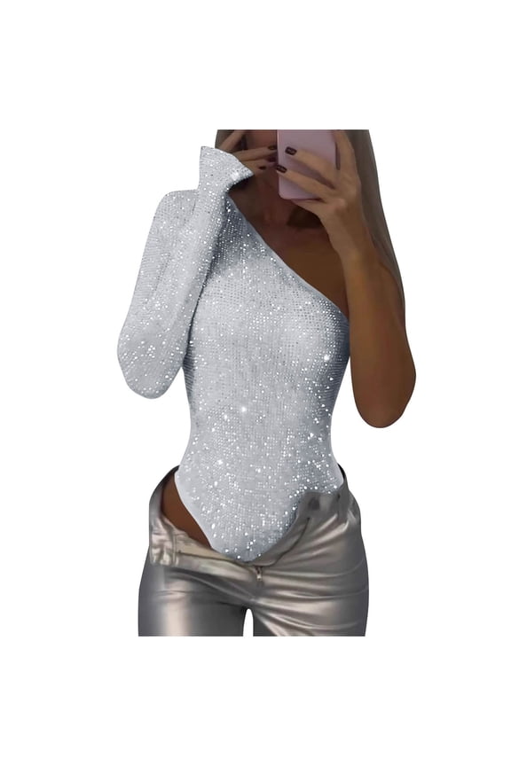 Womens Bodysuits One-Shoulder Sequin Solid-Color Fitted Jumpsuit Sexy Comfort Tummy Control Long-Sleeve One Piece Tops for Wedding Guest