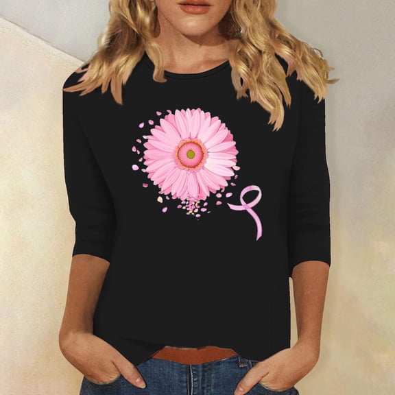 Alkepwun Womens Breast Cancer Awareness T Shirts 3/4 Sleeve Tops Pink Ribbon Sunflower Shirt Breast Cancer T-Shirt Inspirational Tees Pullover