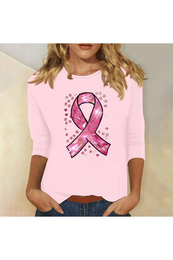 Womens Breast Cancer Awareness T Shirts Breast Cancer Awareness Shirt Pink Ribbon Shirts Gift Inspirational Tees 3/4 Sleeve Tops