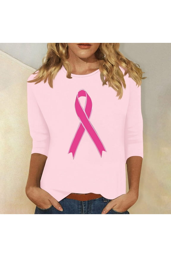 Womens Breast Cancer Awareness T Shirts Breast Cancer Support Squad Shirt 3/4 Sleeve Tops Pink Ribbon Graphic Tees