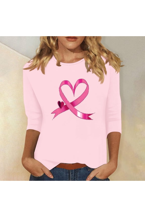 Womens Breast Cancer Awareness T Shirts Heart Shape Pink Ribbon Support Squad Breast Cancer Tshirt Womens Fall 3/4 Sleeve Tops
