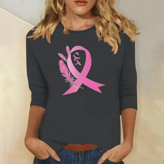 Alkepwun Womens Breast Cancer Awareness T Shirts Pink Ribbon Pullover Breast Cancer Shirts Cancer Fighter 3/4 Sleeve Tops